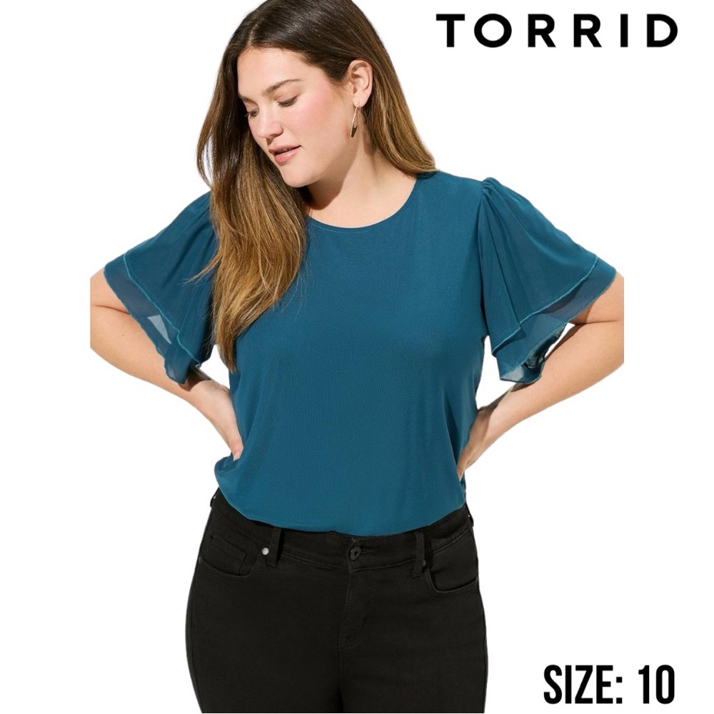 NWT Torrid Stretch Mesh Crew Neck Double Flutter Sleeve Top - Size: 10 (M)